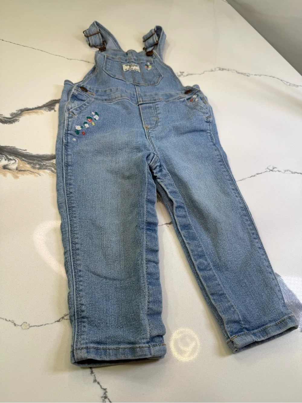 OshKosh B'gosh Denim Bib Overall Girls 18M Blue With Flowers